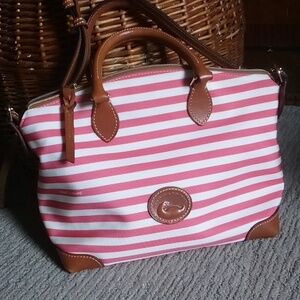 D & B Sullivan - Leather & Canvas Pink White Striped Bag Top Handles & Crossbody